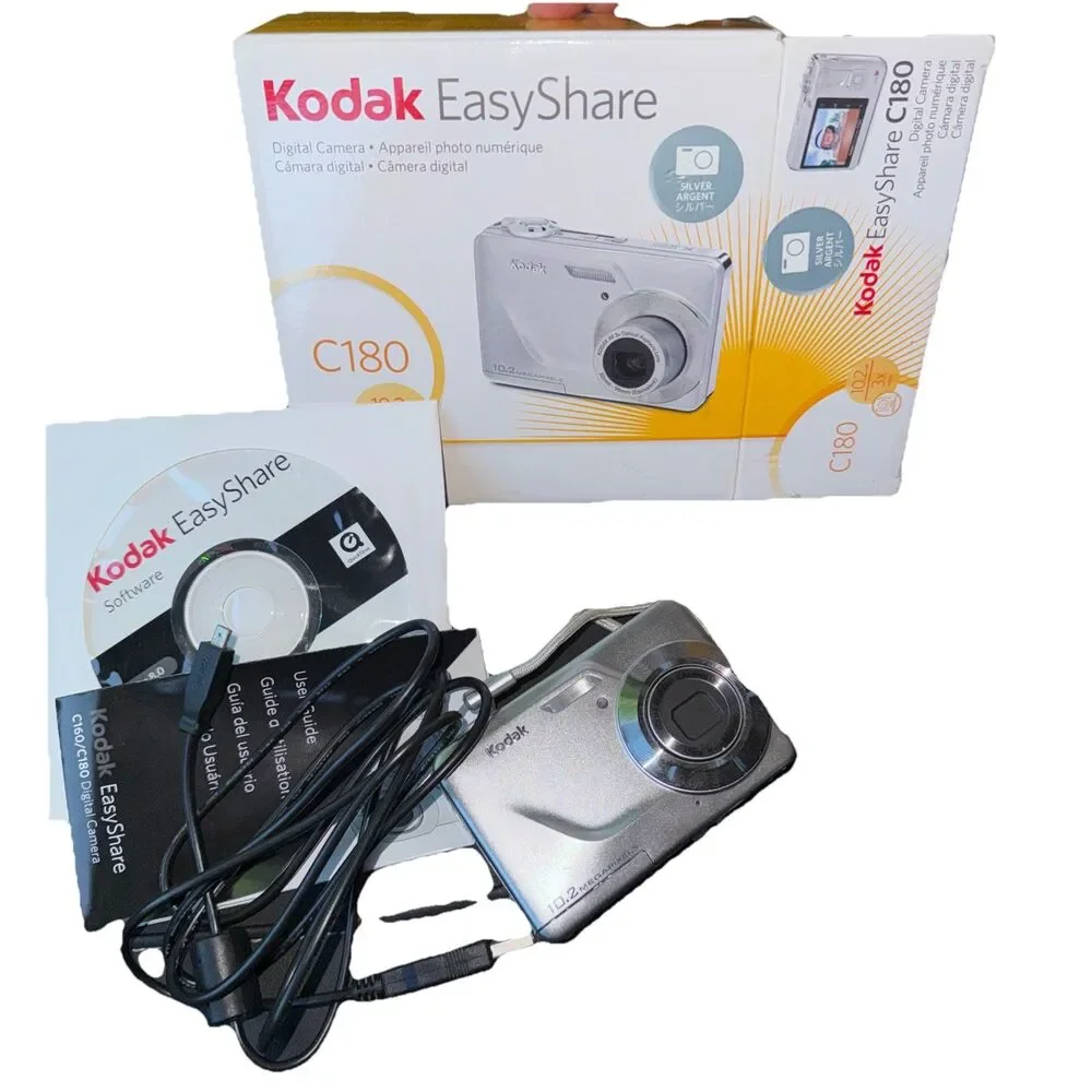Kodak EasyShare C180 10.2MP Digital Camera Silver Case Cord Manual Tested